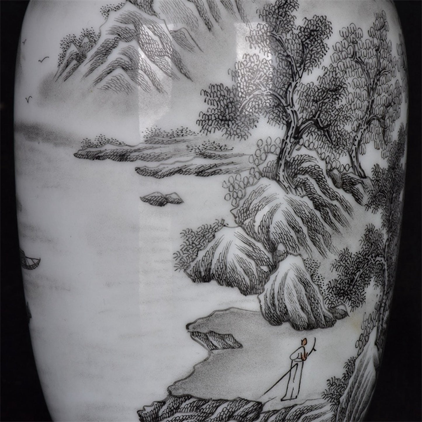 Chinese antique ink colored landscape patterned long necked bottle