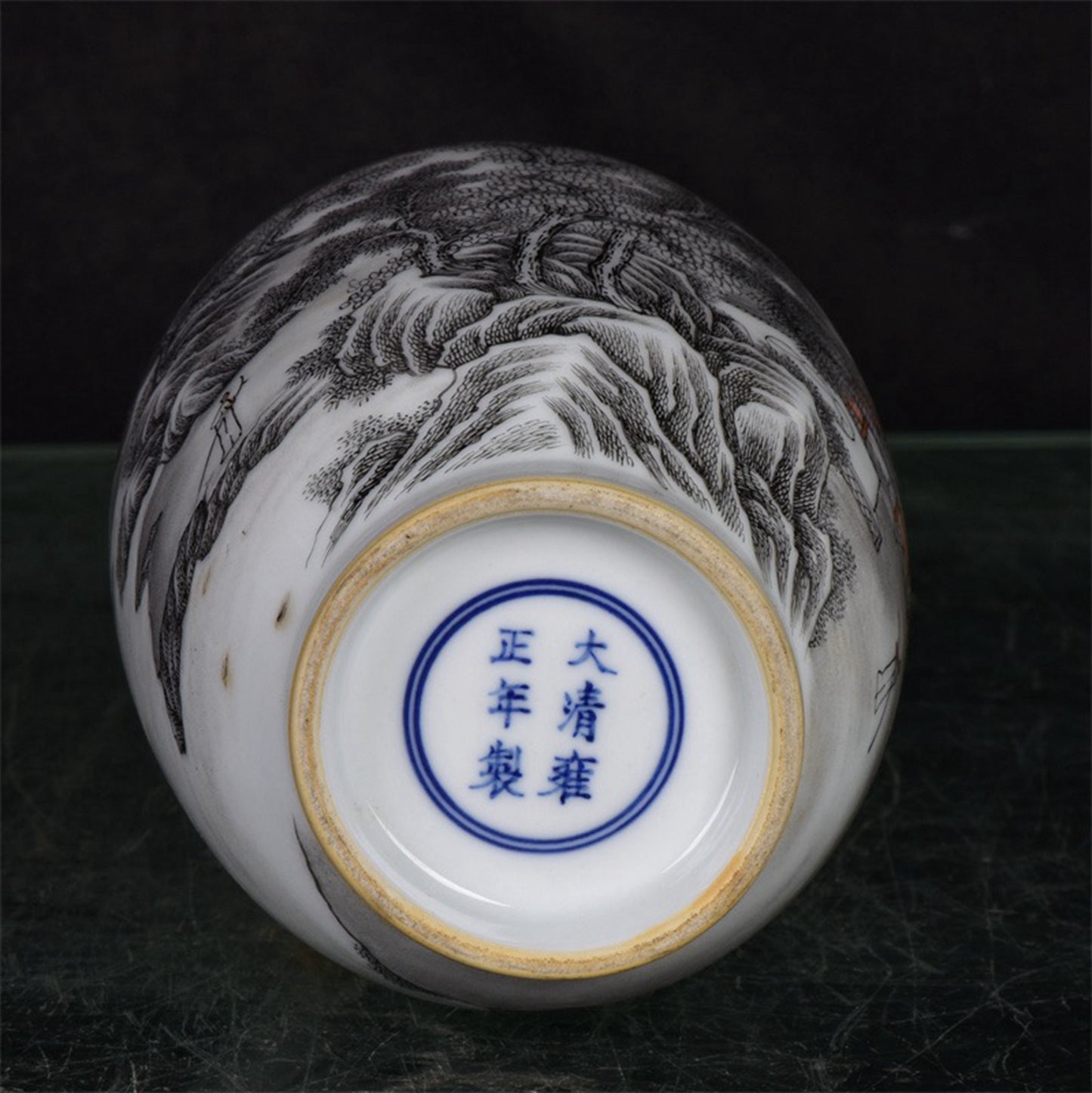 Chinese antique ink colored landscape patterned long necked bottle