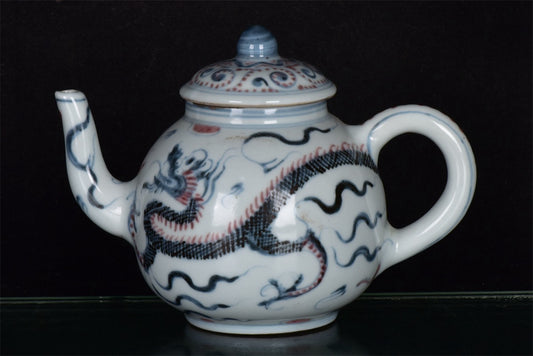 Chinese antique blue and white glazed red dragon patterned teapot