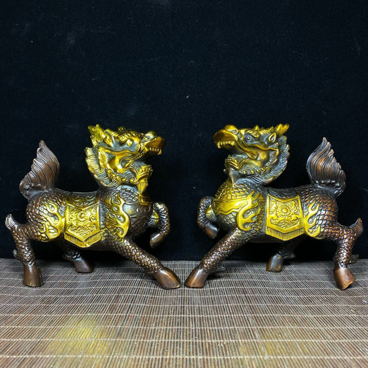 A pair of pure copper gilded and exquisite qilin