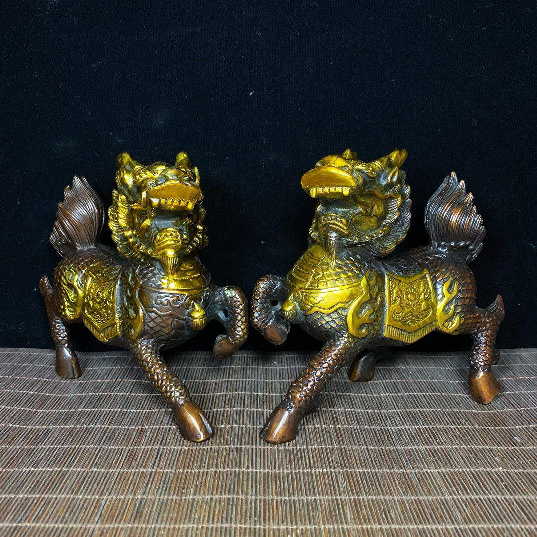 A pair of pure copper gilded and exquisite qilin