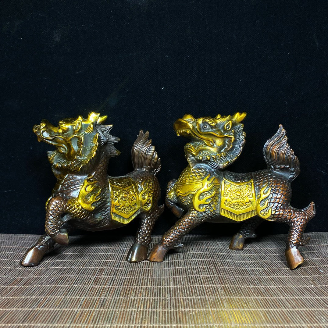 A pair of pure copper gilded and exquisite qilin