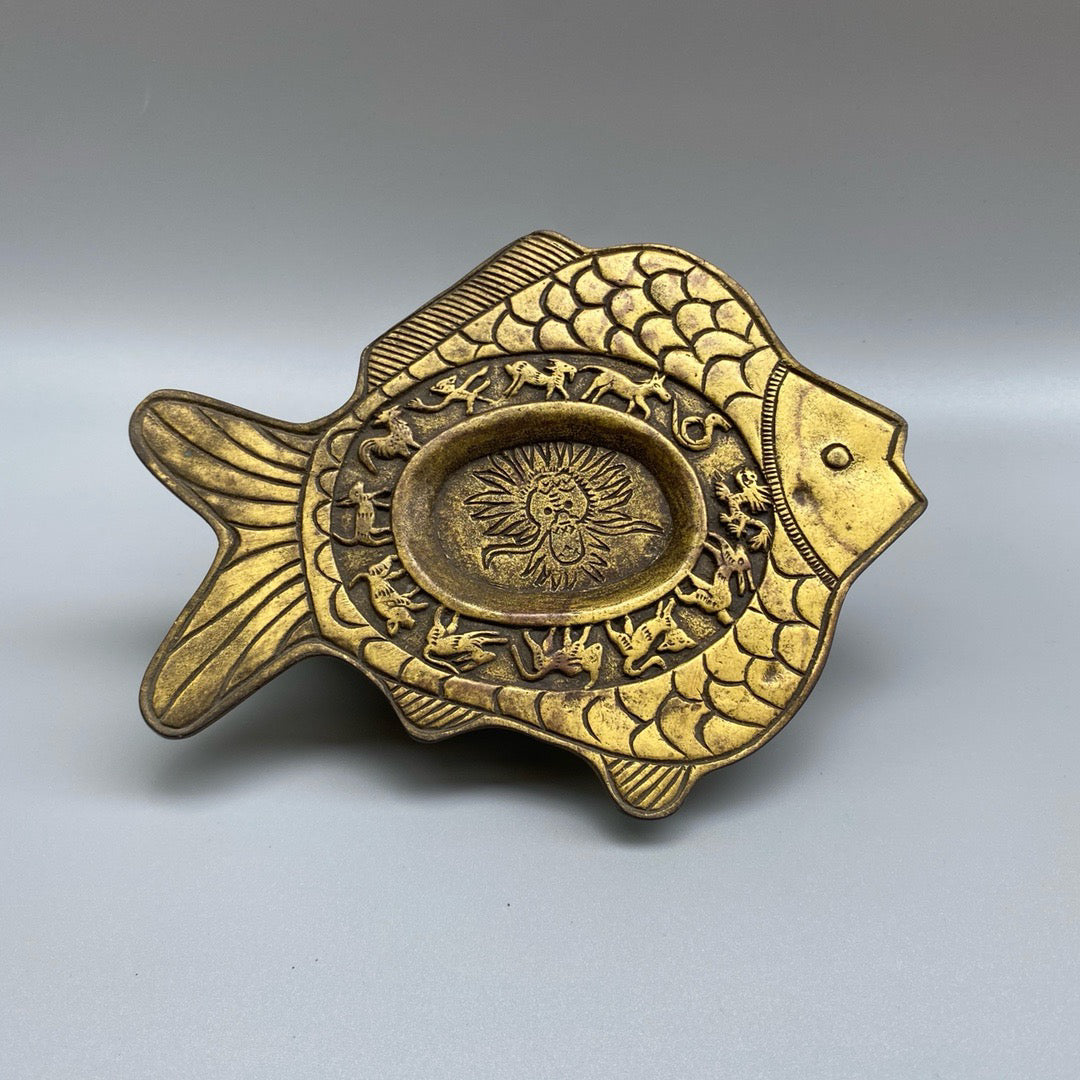 Chinese antique pure copper fish shaped inkstone pool