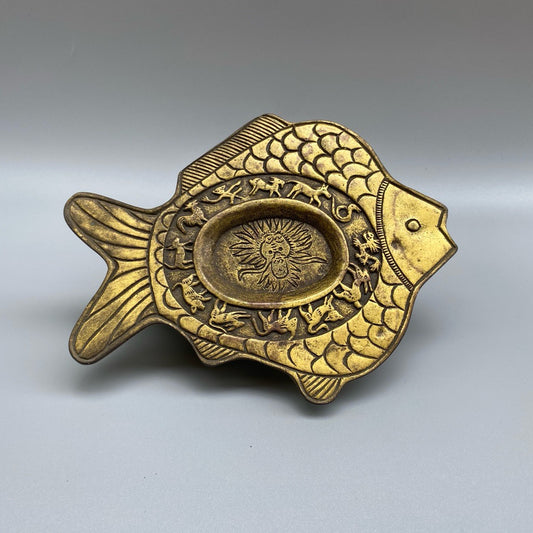 Chinese antique pure copper fish shaped inkstone pool