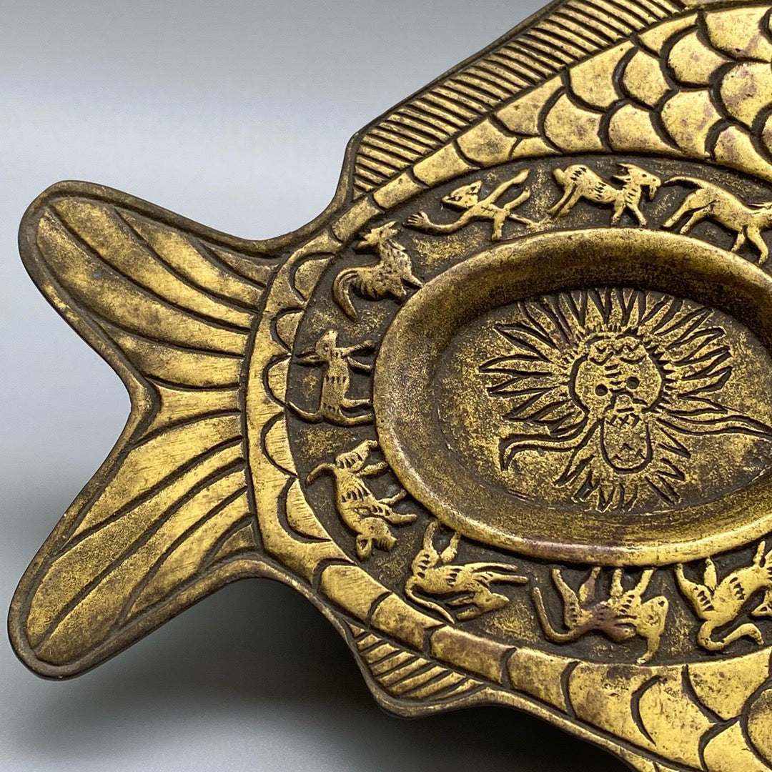 Chinese antique pure copper fish shaped inkstone pool
