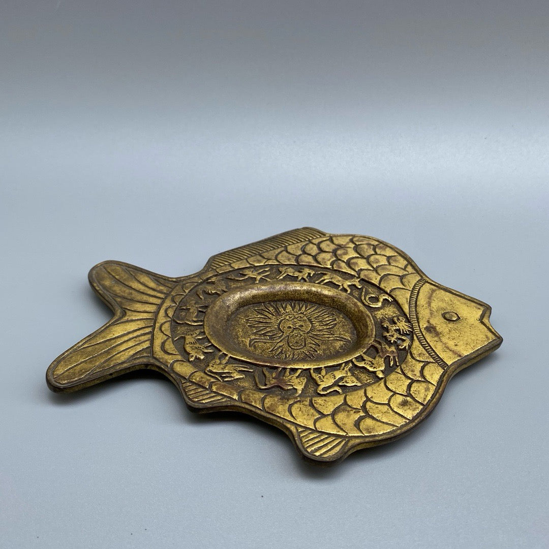 Chinese antique pure copper fish shaped inkstone pool