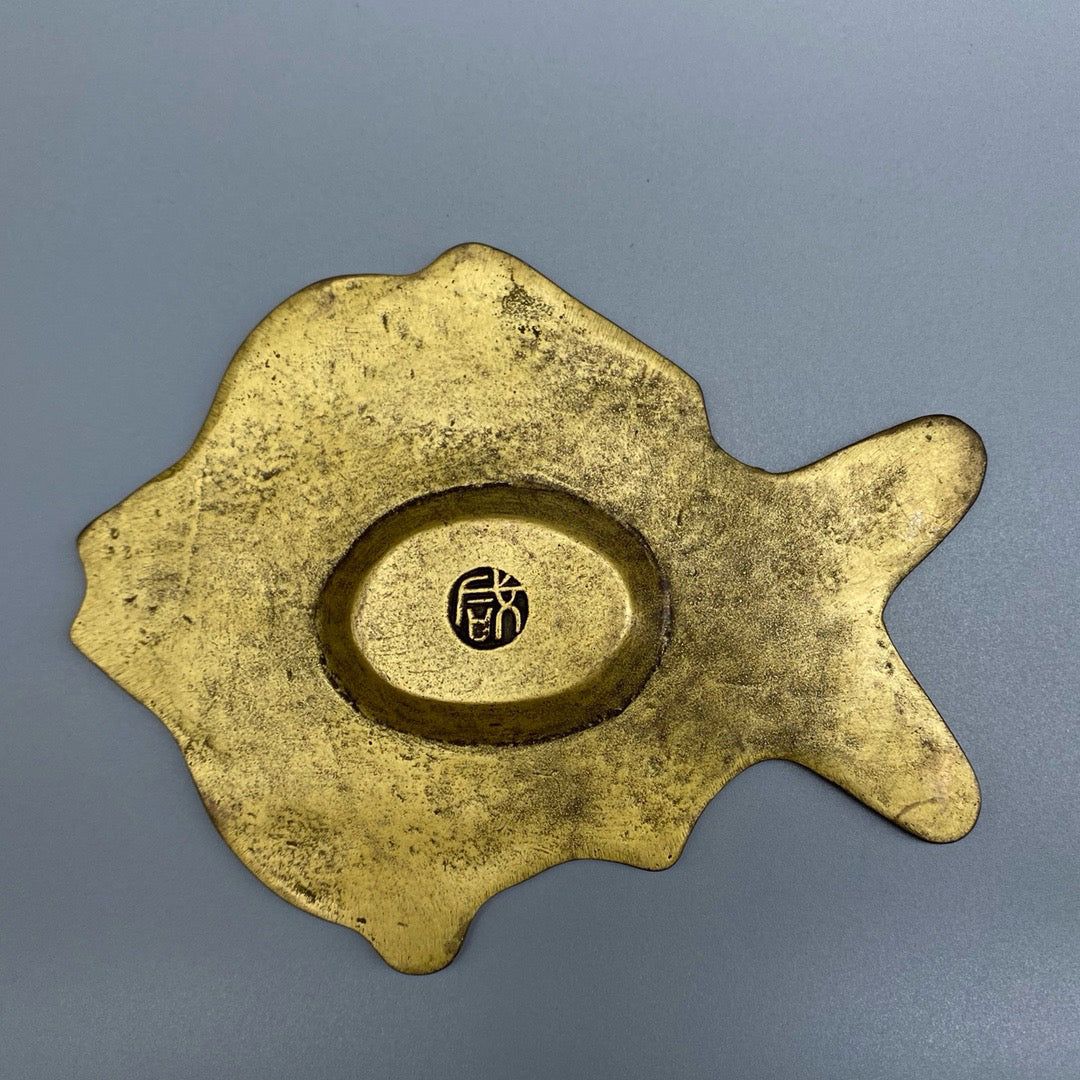 Chinese antique pure copper fish shaped inkstone pool
