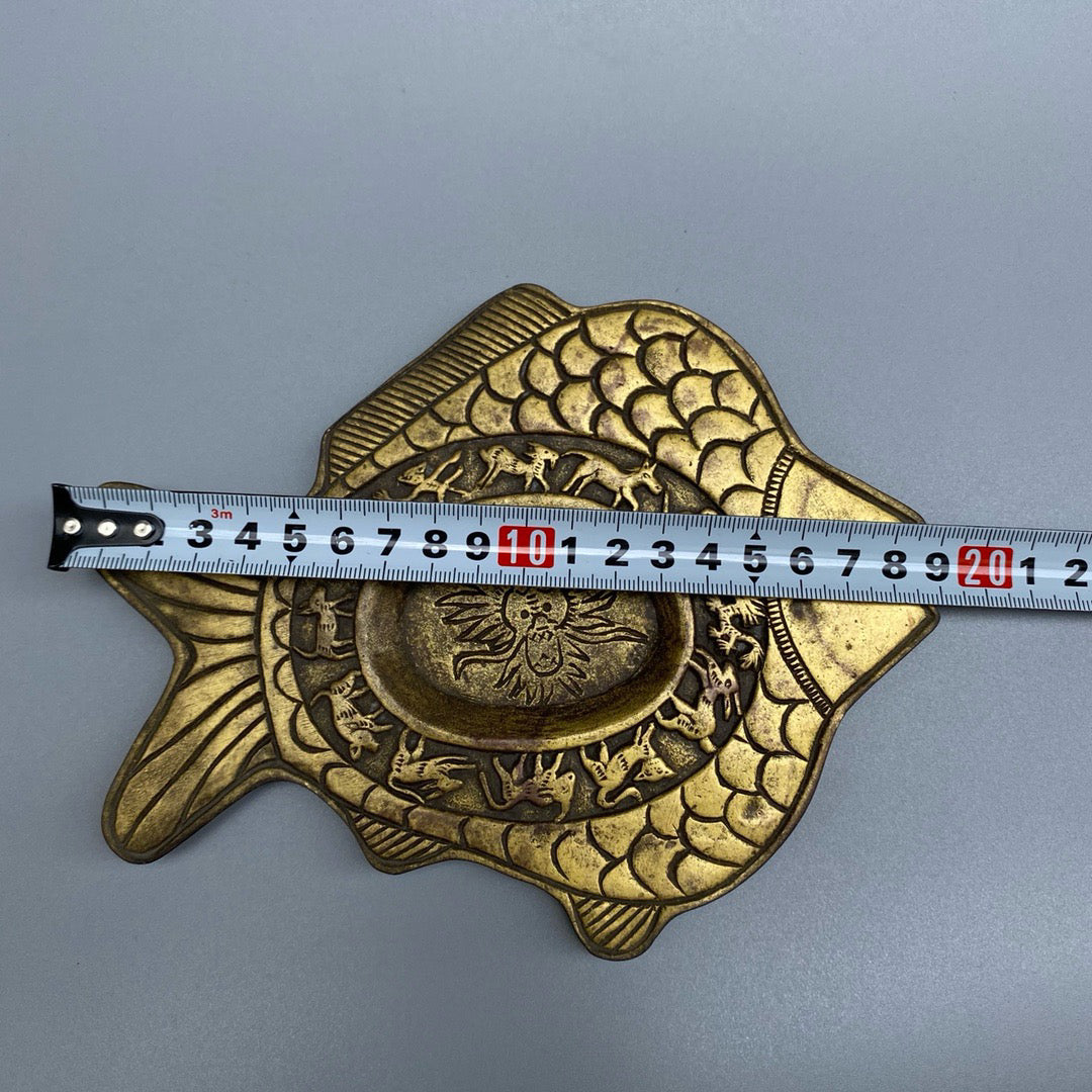 Chinese antique pure copper fish shaped inkstone pool