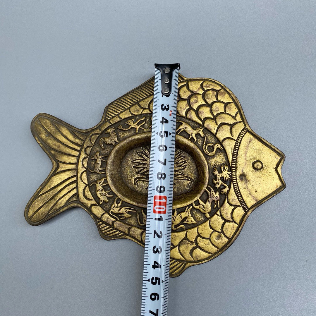 Chinese antique pure copper fish shaped inkstone pool