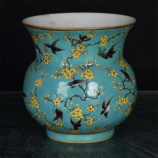 Chinese Antique Blue Glazed Powder Colored Pleasant Eyebrow with Golden Flower Drum Pattern