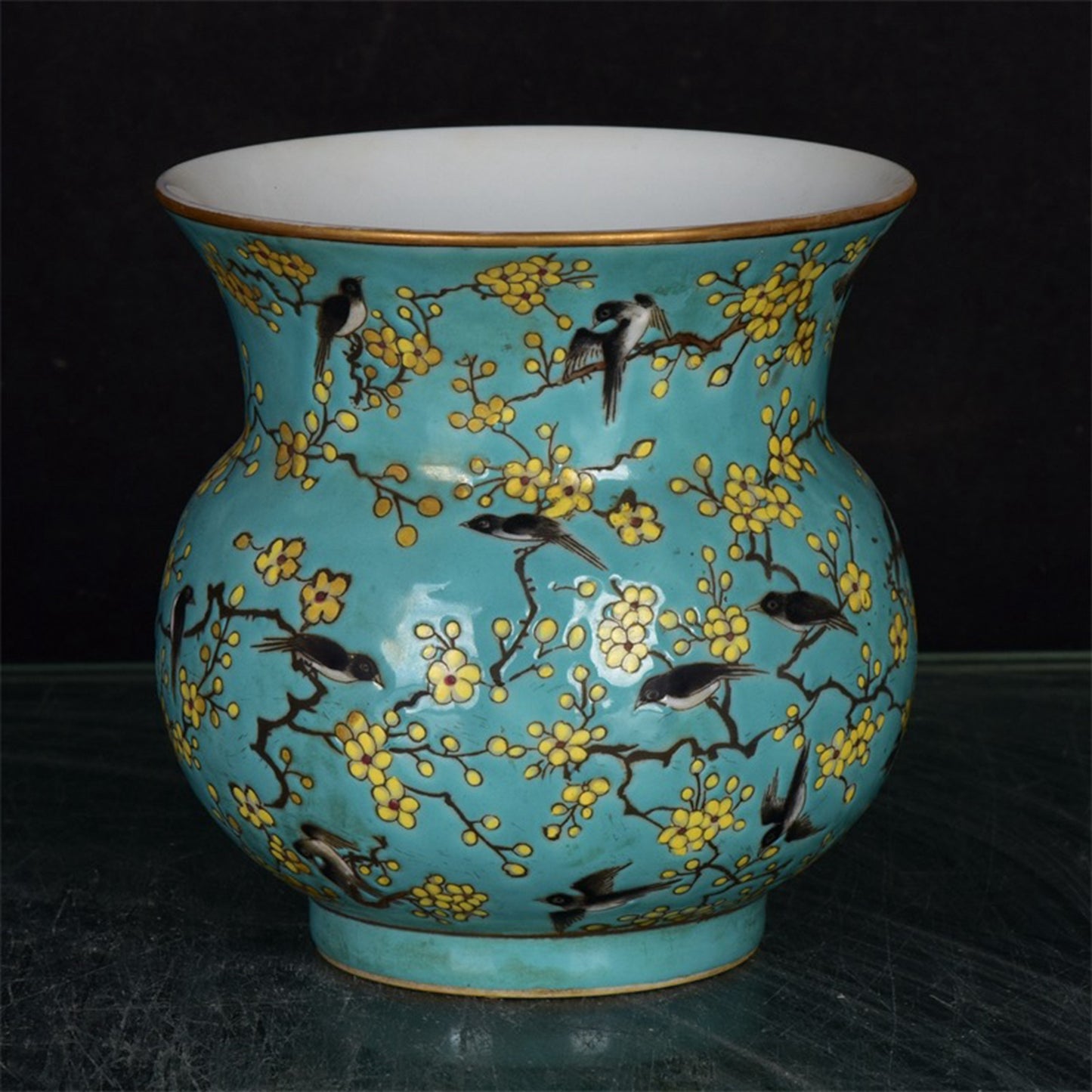 Chinese Antique Blue Glazed Powder Colored Pleasant Eyebrow with Golden Flower Drum Pattern