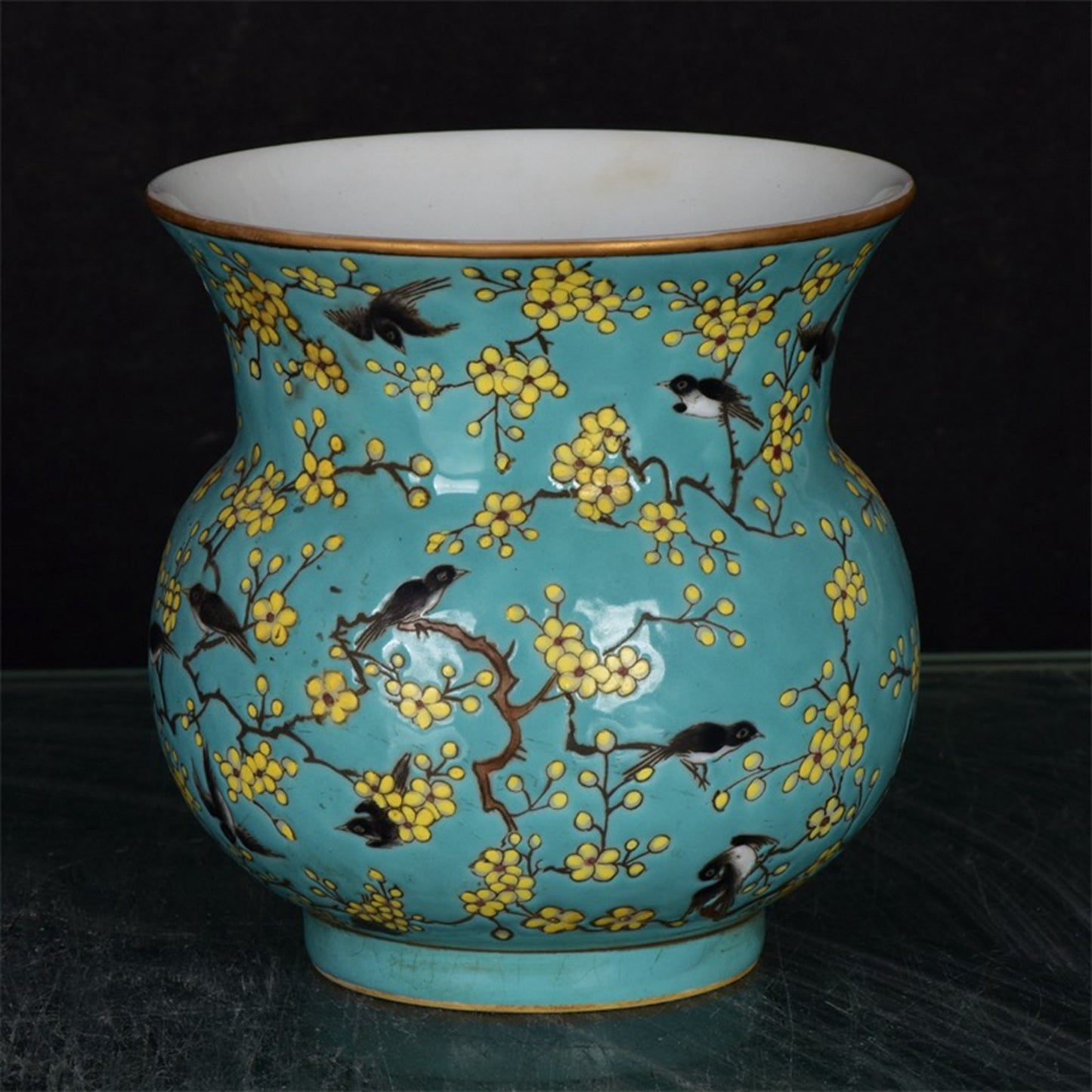 Chinese Antique Blue Glazed Powder Colored Pleasant Eyebrow with Golden Flower Drum Pattern