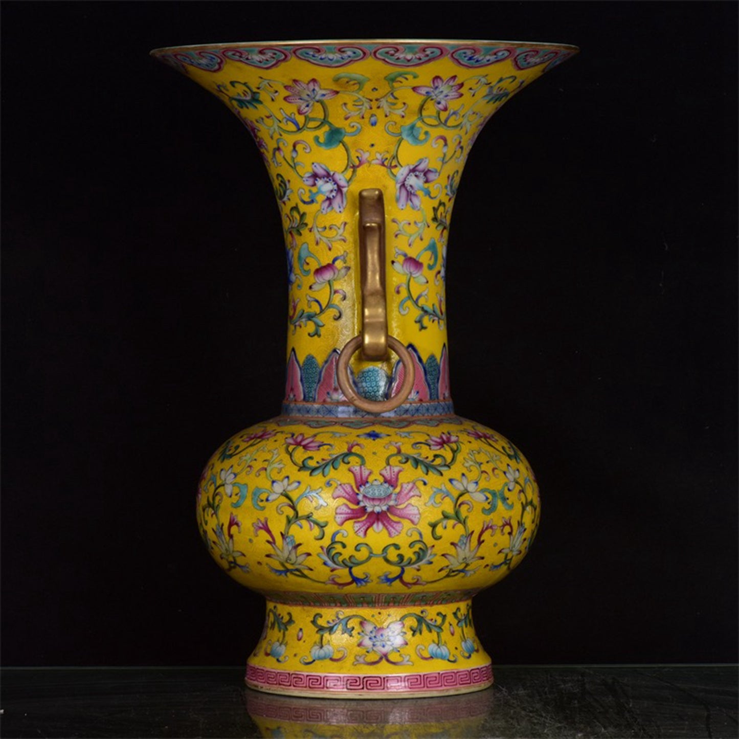 Chinese Antique Flower Pattern Double Ear Golden Flower Drum