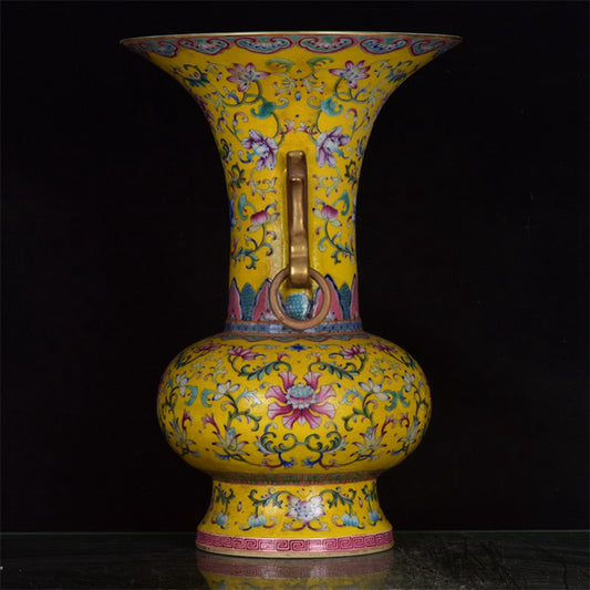 Chinese Antique Flower Pattern Double Ear Golden Flower Drum