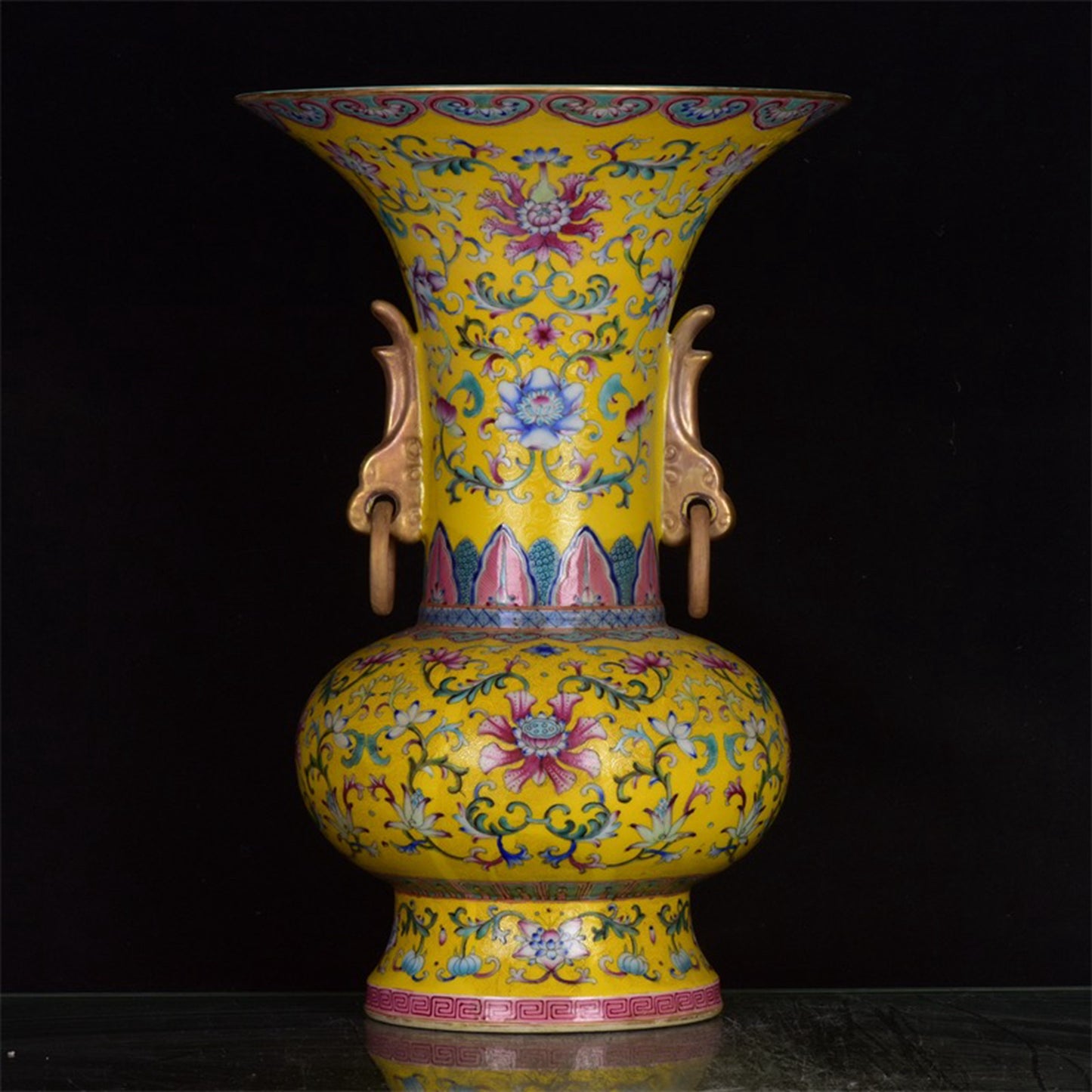 Chinese Antique Flower Pattern Double Ear Golden Flower Drum