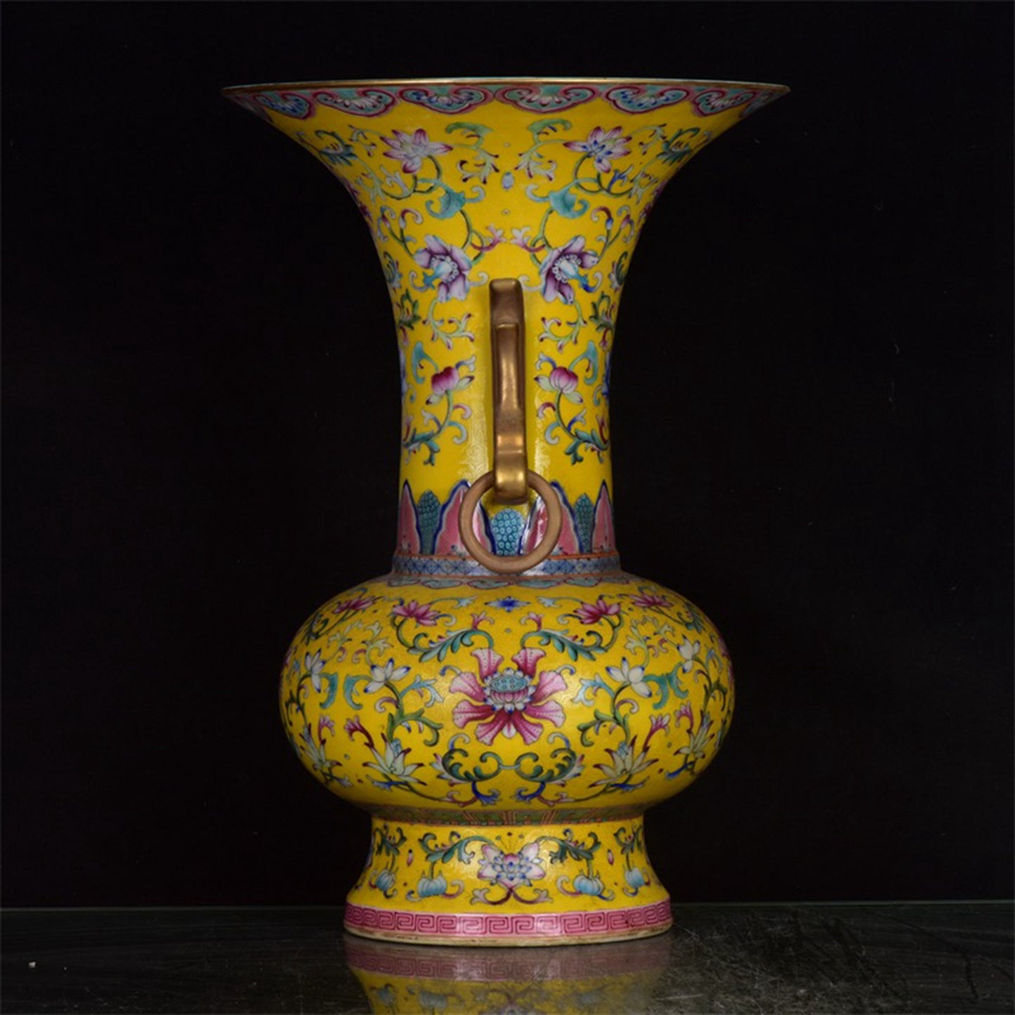 Chinese Antique Flower Pattern Double Ear Golden Flower Drum