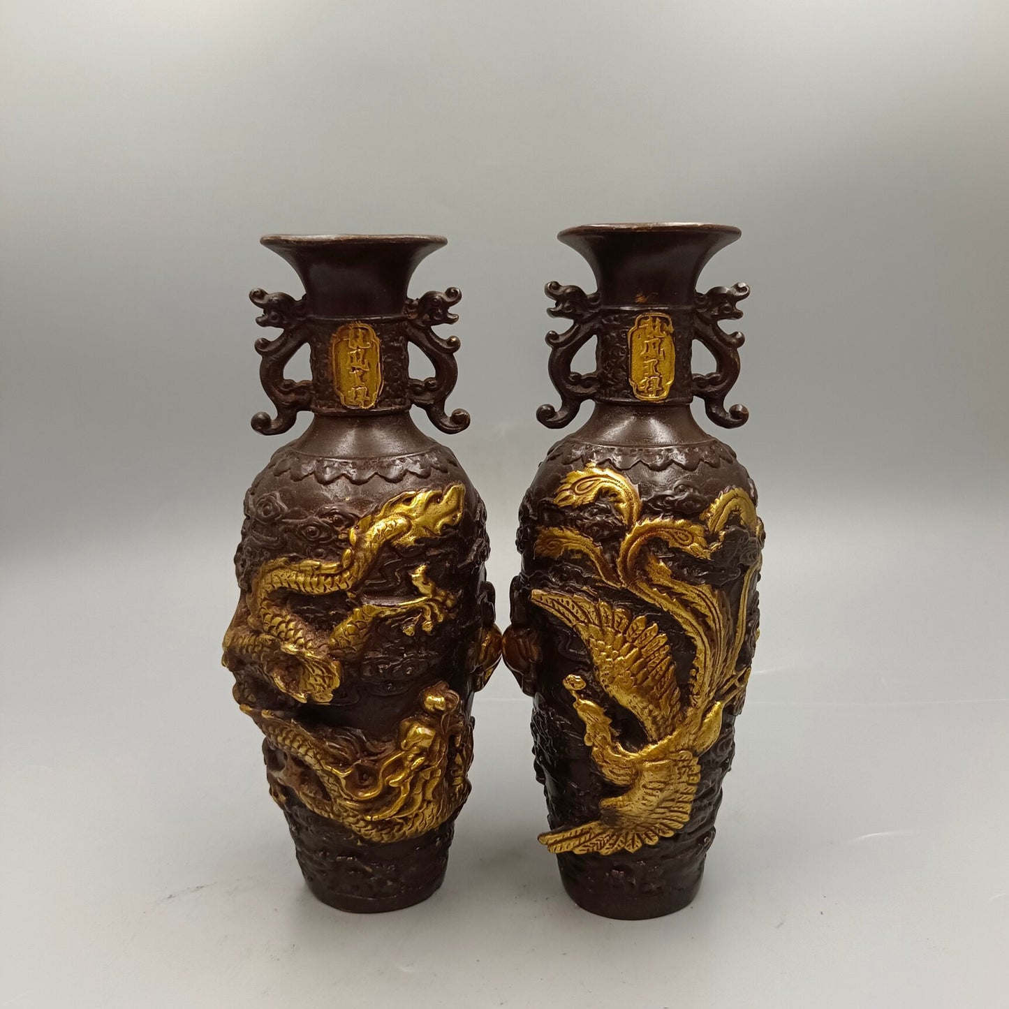 Chinese Antique Bronze Vase with Dragon and Phoenix Auspiciousness