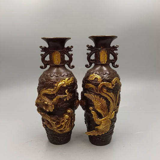 Chinese Antique Bronze Vase with Dragon and Phoenix Auspiciousness