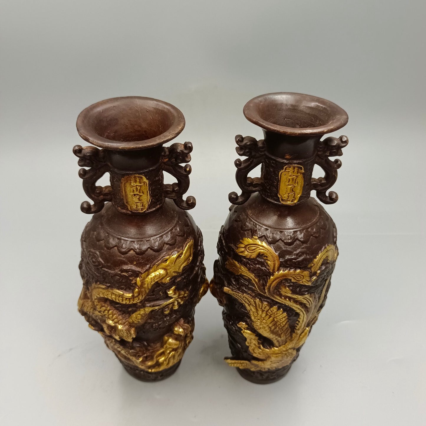 Chinese Antique Bronze Vase with Dragon and Phoenix Auspiciousness