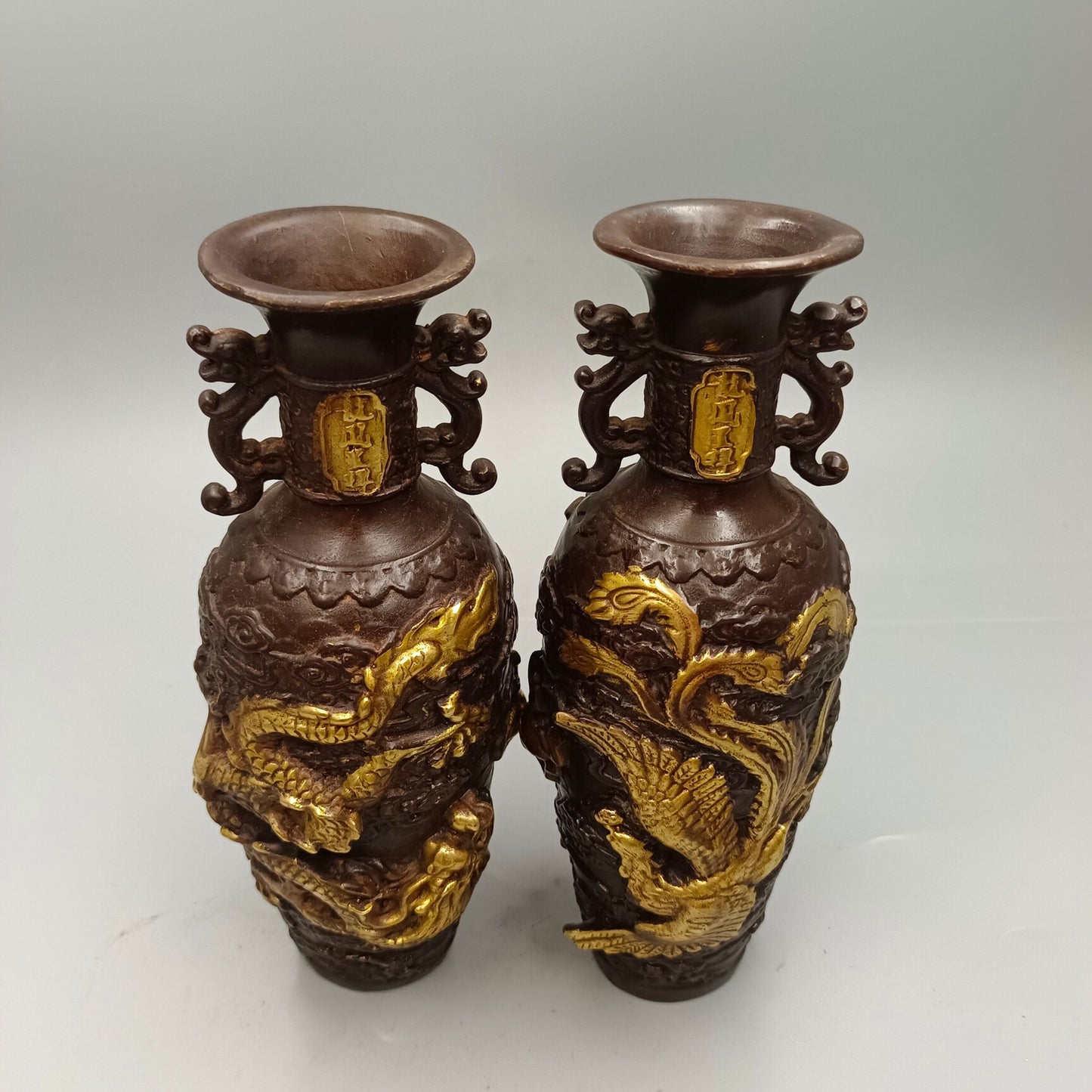 Chinese Antique Bronze Vase with Dragon and Phoenix Auspiciousness