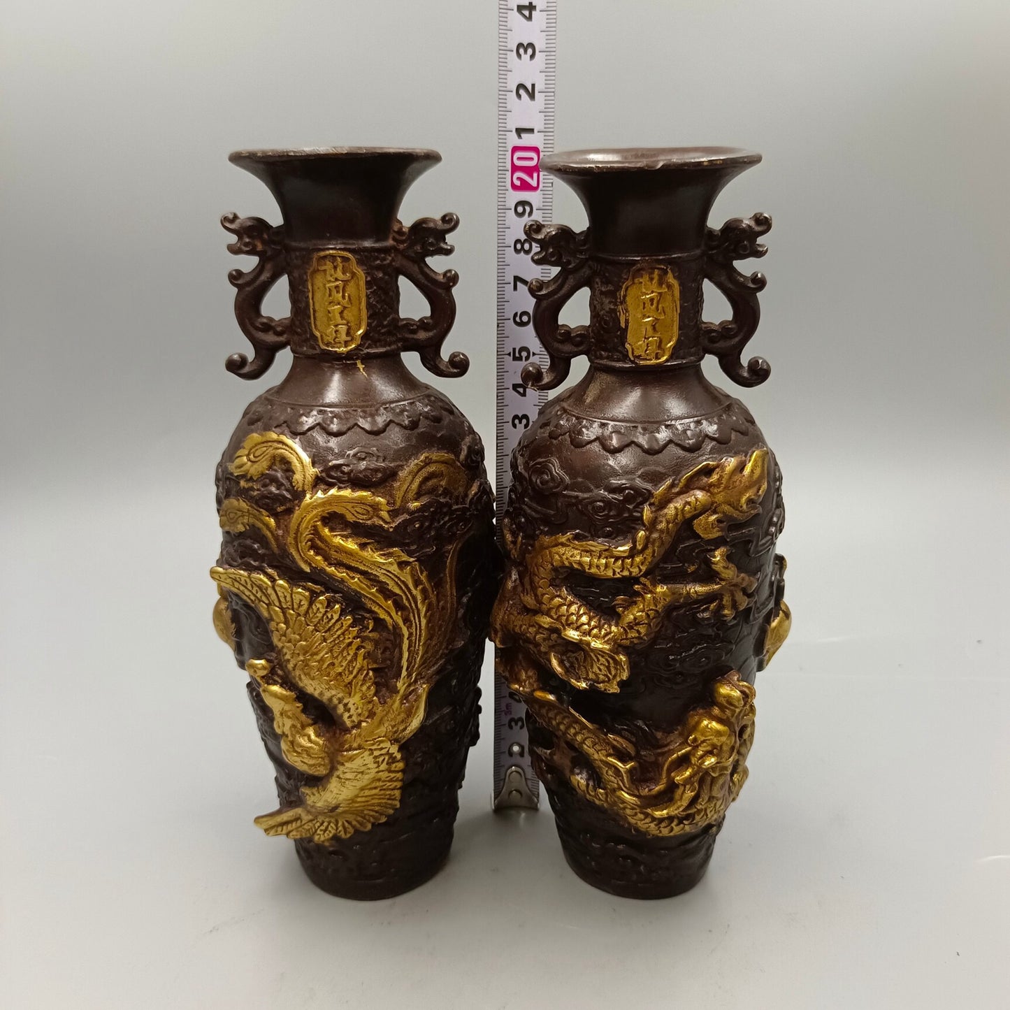 Chinese Antique Bronze Vase with Dragon and Phoenix Auspiciousness