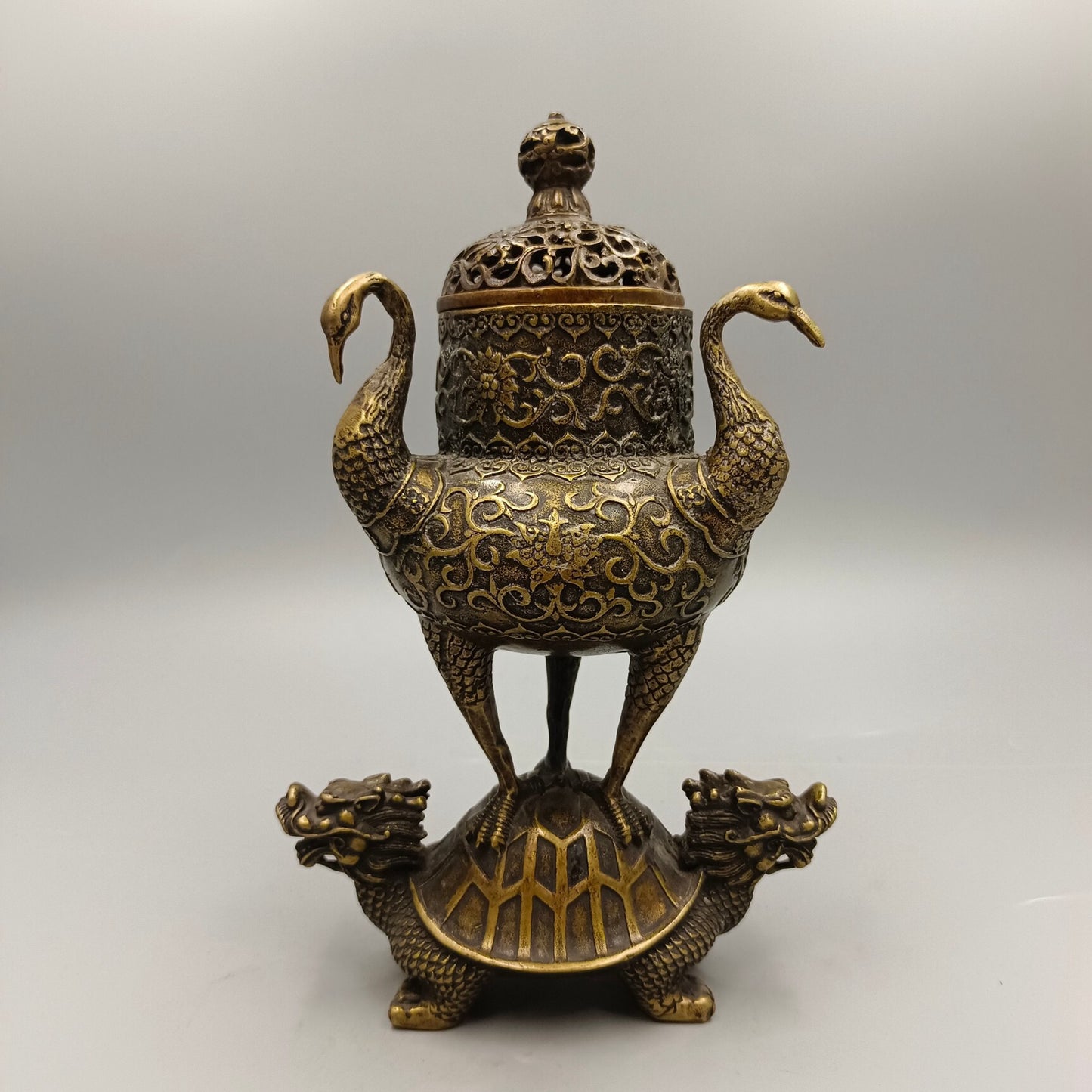Chinese Antique Three Crane Station Turtle Copper Incense Burner