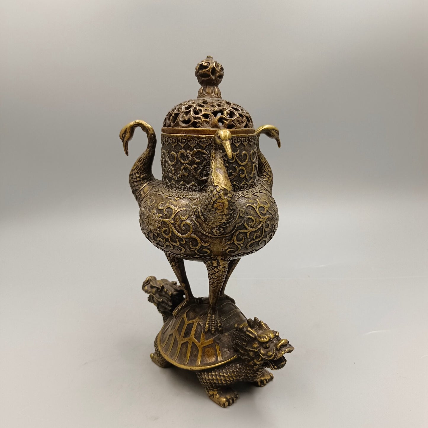 Chinese Antique Three Crane Station Turtle Copper Incense Burner