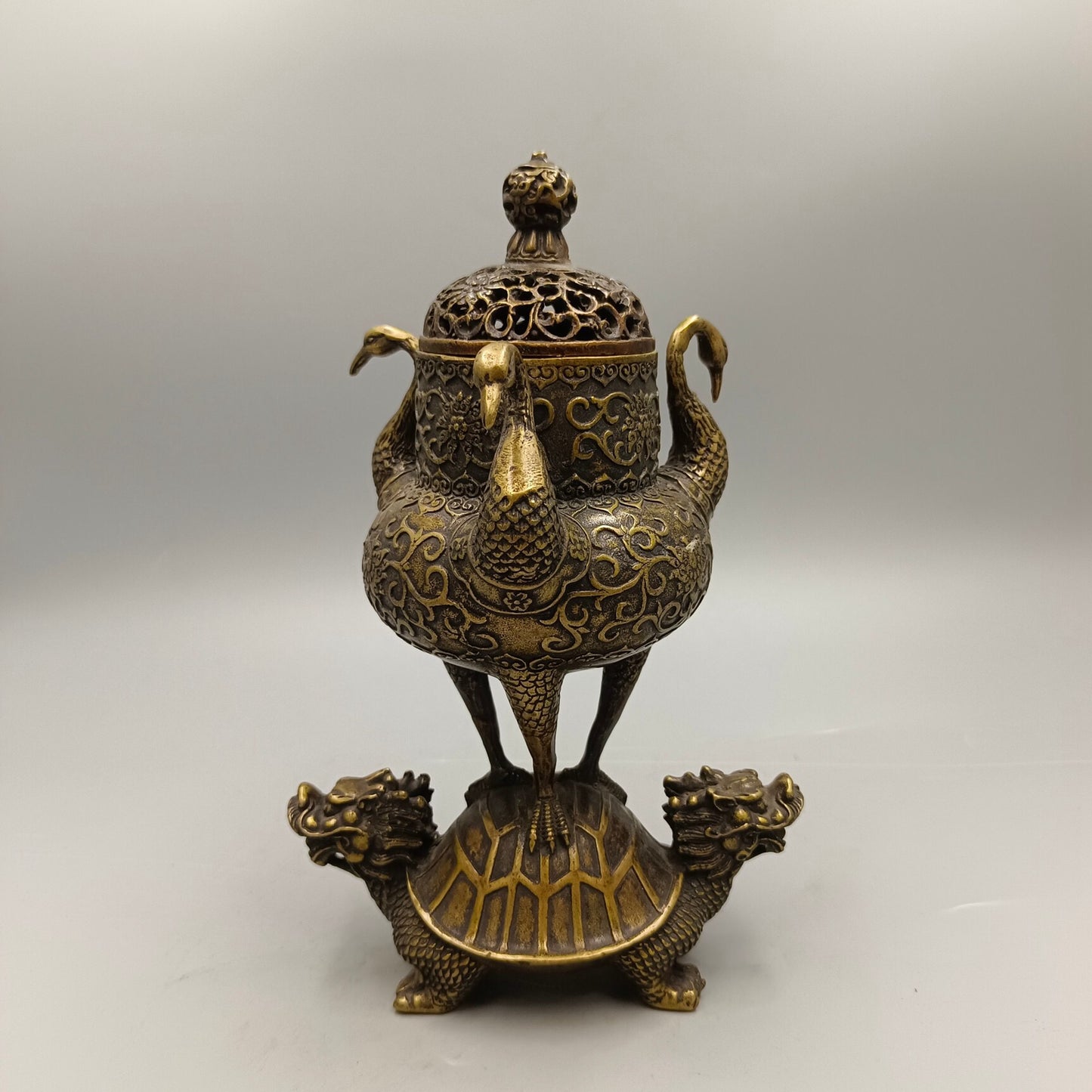 Chinese Antique Three Crane Station Turtle Copper Incense Burner