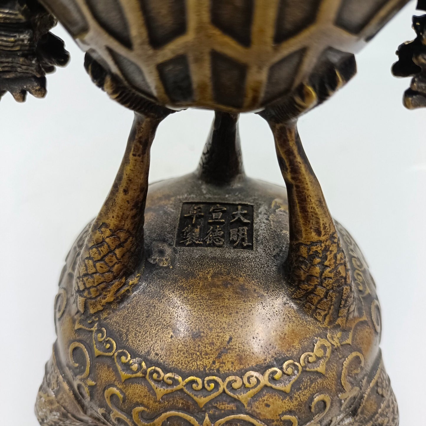Chinese Antique Three Crane Station Turtle Copper Incense Burner