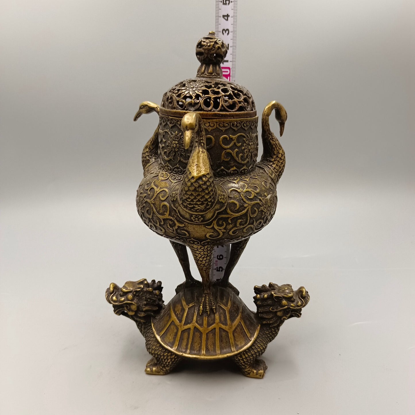Chinese Antique Three Crane Station Turtle Copper Incense Burner
