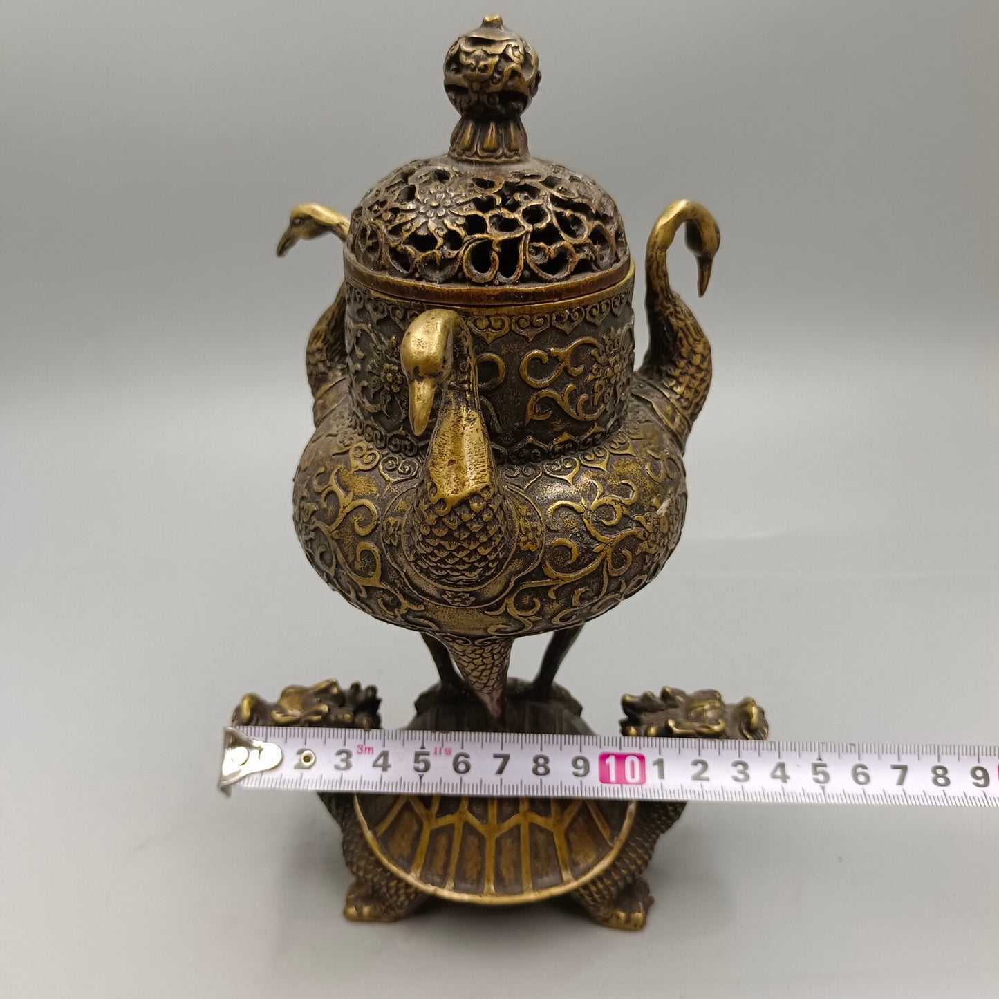 Chinese Antique Three Crane Station Turtle Copper Incense Burner