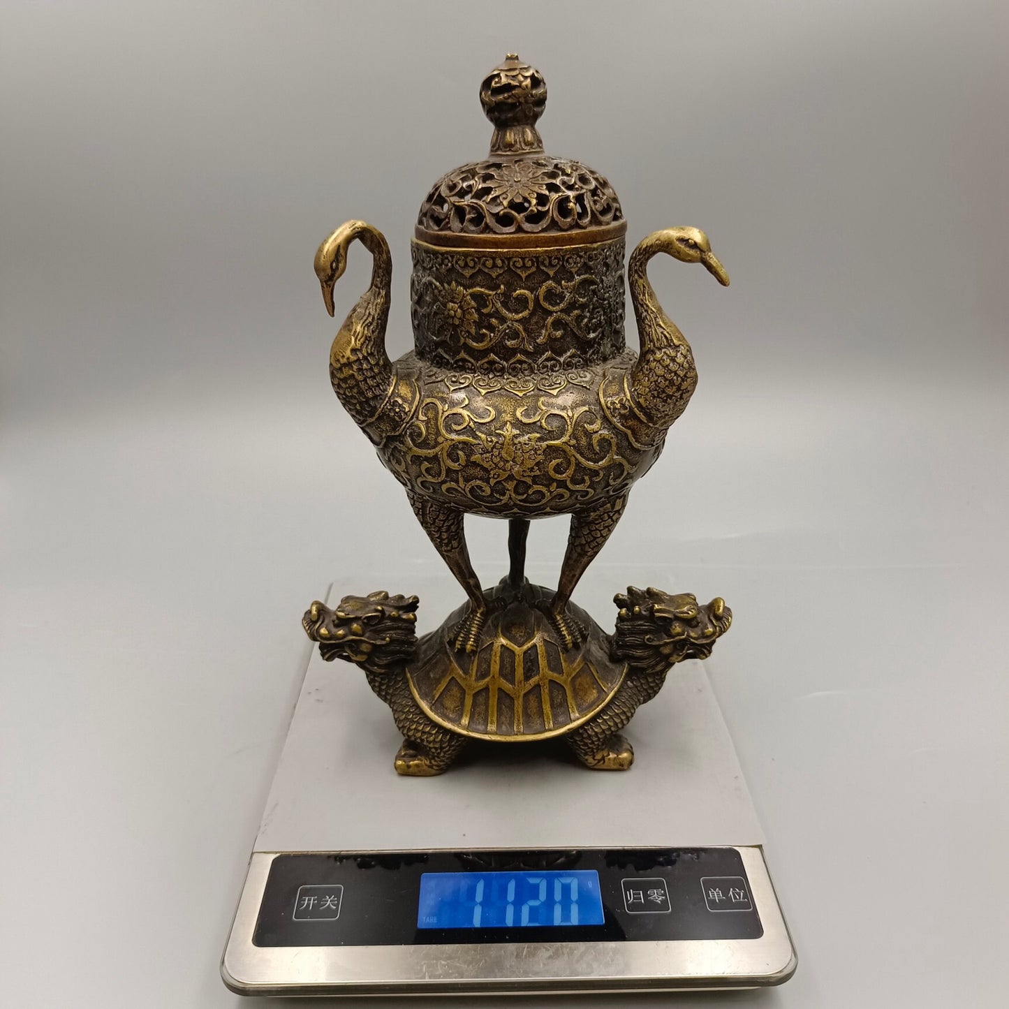 Chinese Antique Three Crane Station Turtle Copper Incense Burner