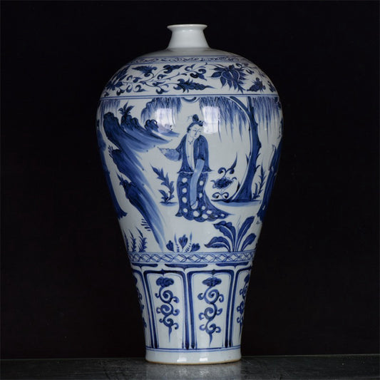 Chinese Antique Blue and White Character Story Plum Vase