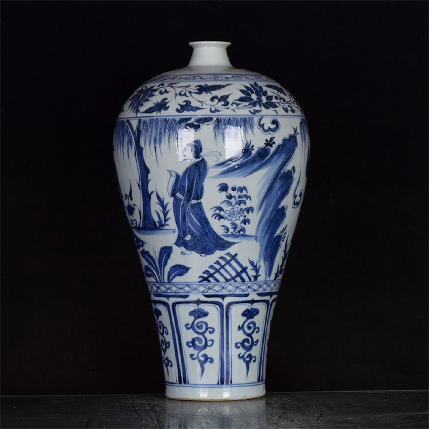 Chinese Antique Blue and White Character Story Plum Vase