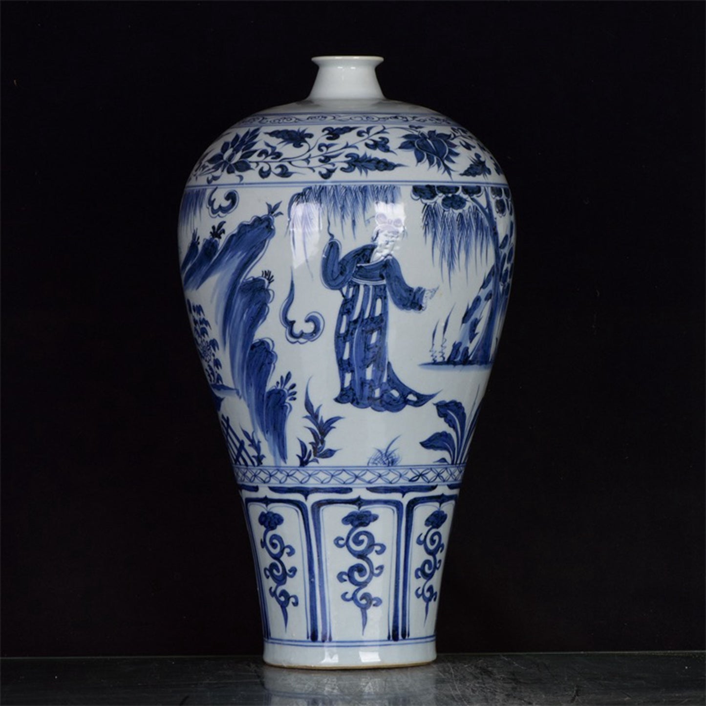 Chinese Antique Blue and White Character Story Plum Vase