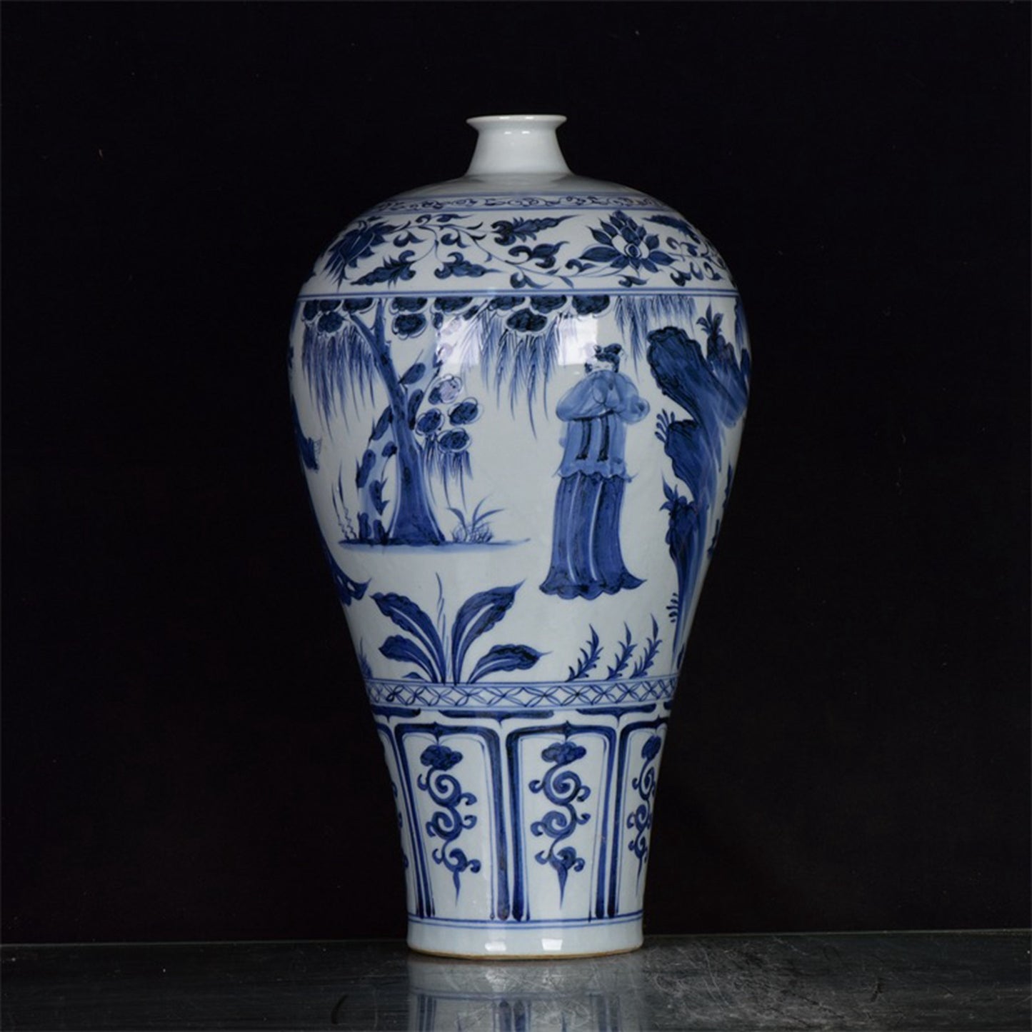 Chinese Antique Blue and White Character Story Plum Vase