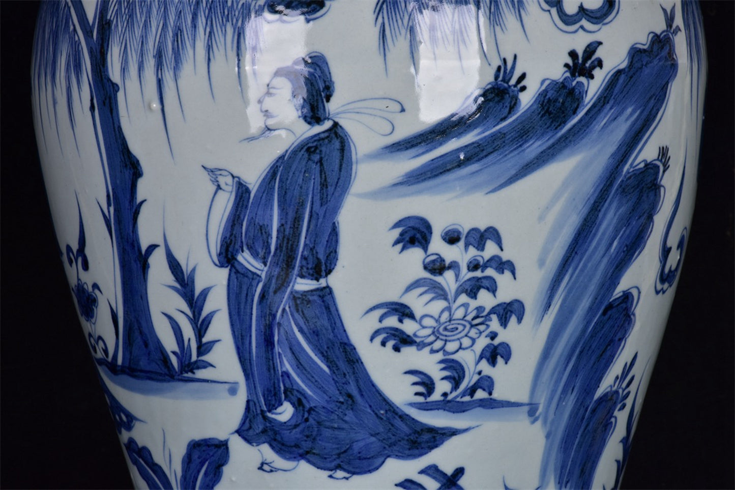 Chinese Antique Blue and White Character Story Plum Vase