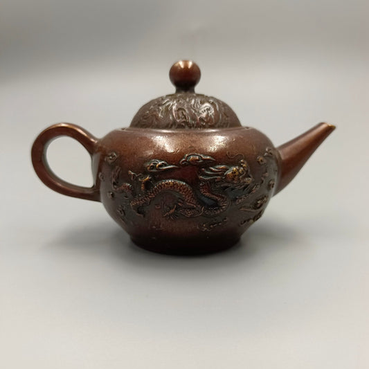 Chinese antique Longfeng Chengxiang handlebar teapot, copper wine teapot