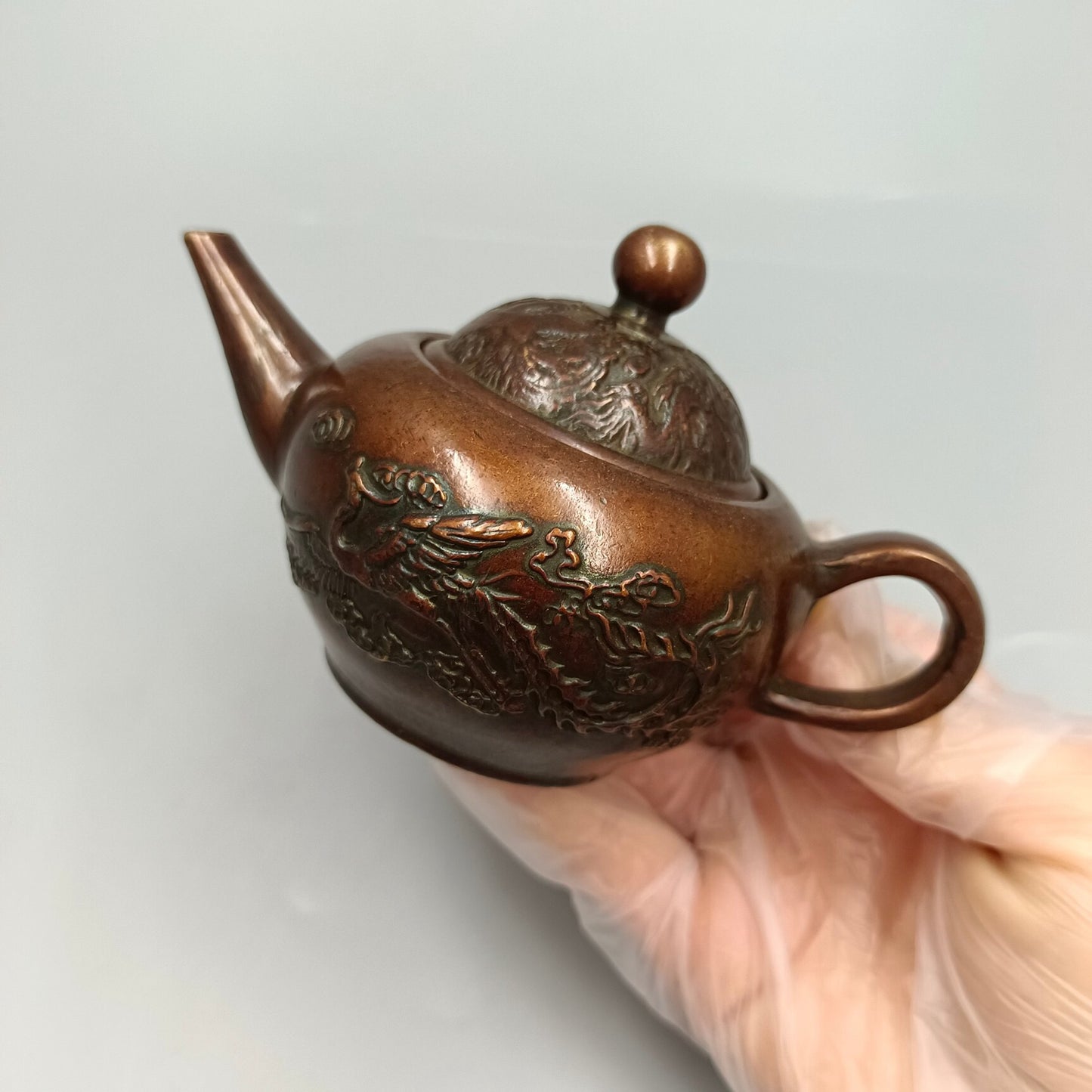 Chinese antique Longfeng Chengxiang handlebar teapot, copper wine teapot