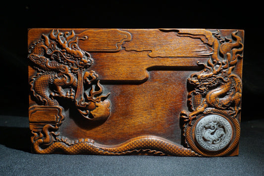 Chinese antique rosewood carving with two dragons playing with pearls, study inkstone