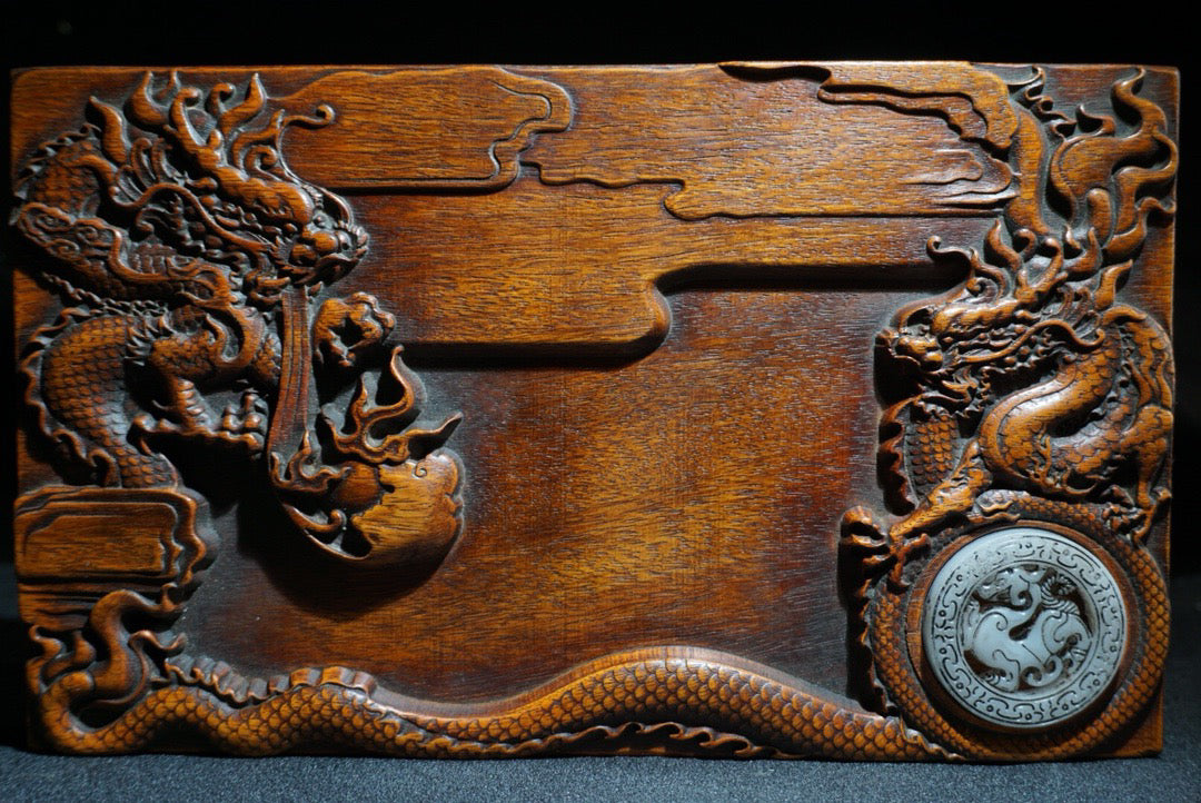 Chinese antique rosewood carving with two dragons playing with pearls, study inkstone