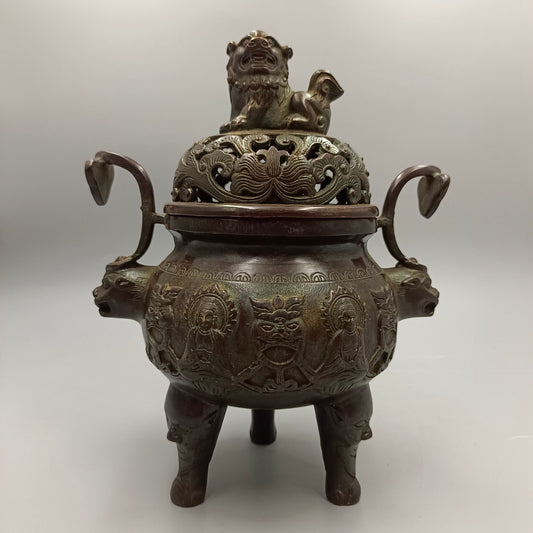 Chinese Antique Ruyi Ear Lion Cover Buddha Light Illuminating Copper Incense Burner