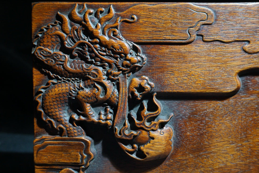 Chinese antique rosewood carving with two dragons playing with pearls, study inkstone