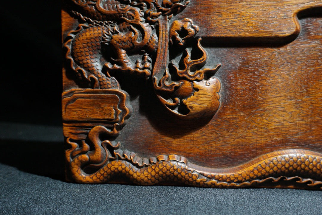Chinese antique rosewood carving with two dragons playing with pearls, study inkstone