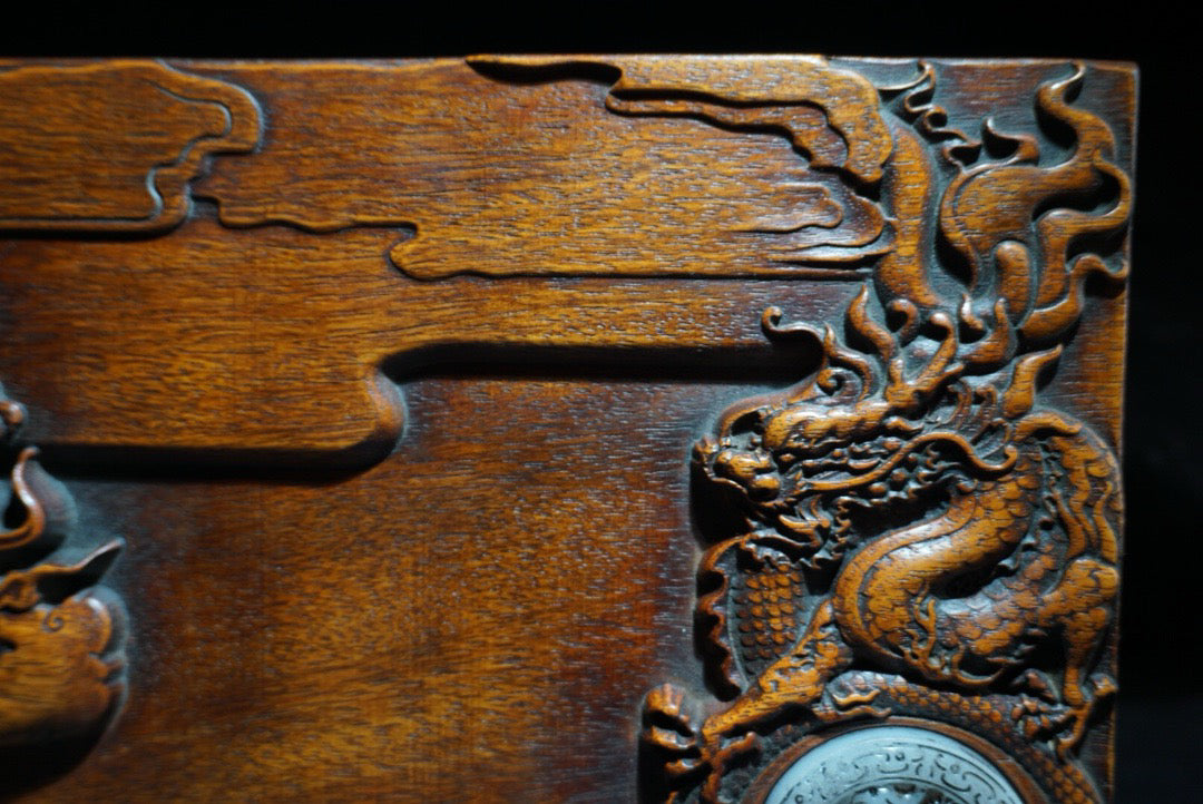 Chinese antique rosewood carving with two dragons playing with pearls, study inkstone