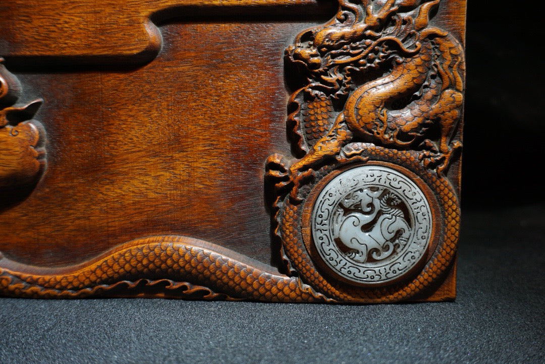 Chinese antique rosewood carving with two dragons playing with pearls, study inkstone