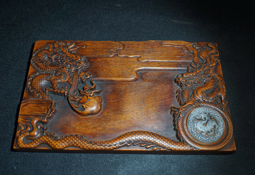 Chinese antique rosewood carving with two dragons playing with pearls, study inkstone