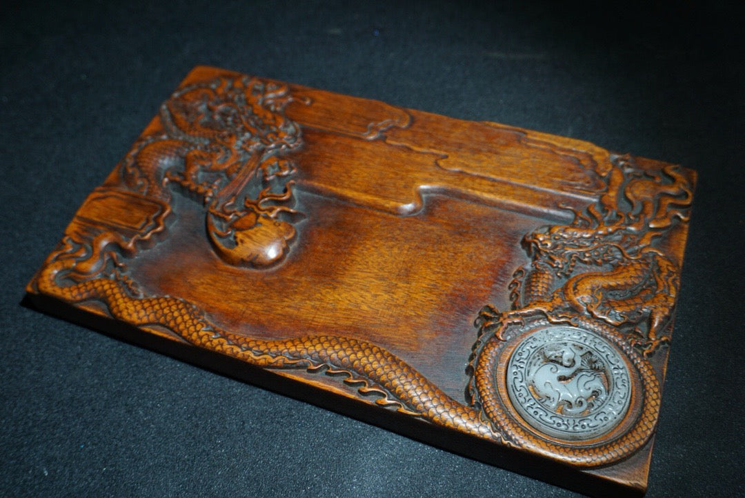 Chinese antique rosewood carving with two dragons playing with pearls, study inkstone