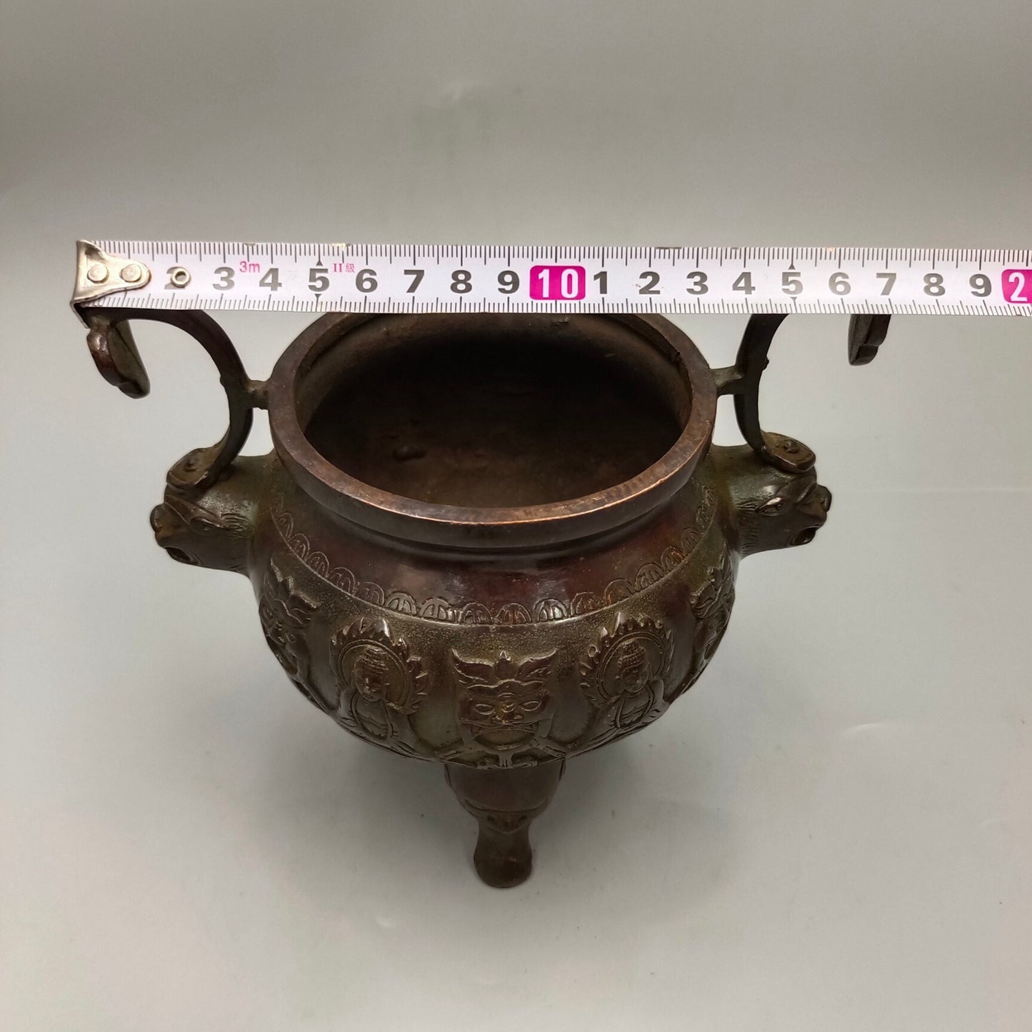 Chinese Antique Ruyi Ear Lion Cover Buddha Light Illuminating Copper Incense Burner