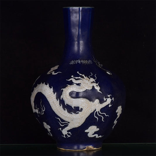 Chinese antique blue, white, dragon and phoenix with auspicious patterns, octagonal celestial sphere vase